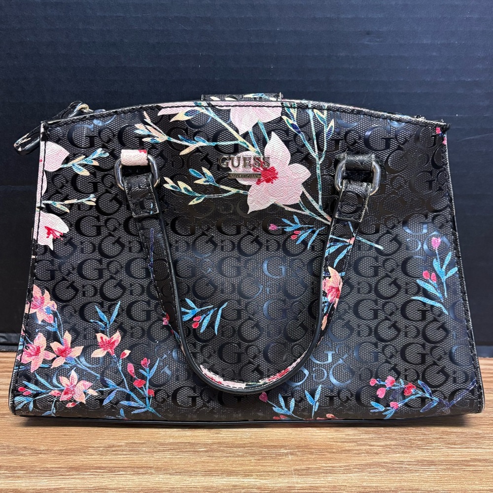 Guess Black and Pink Floral Print Crossbody Satchel Bag #5335